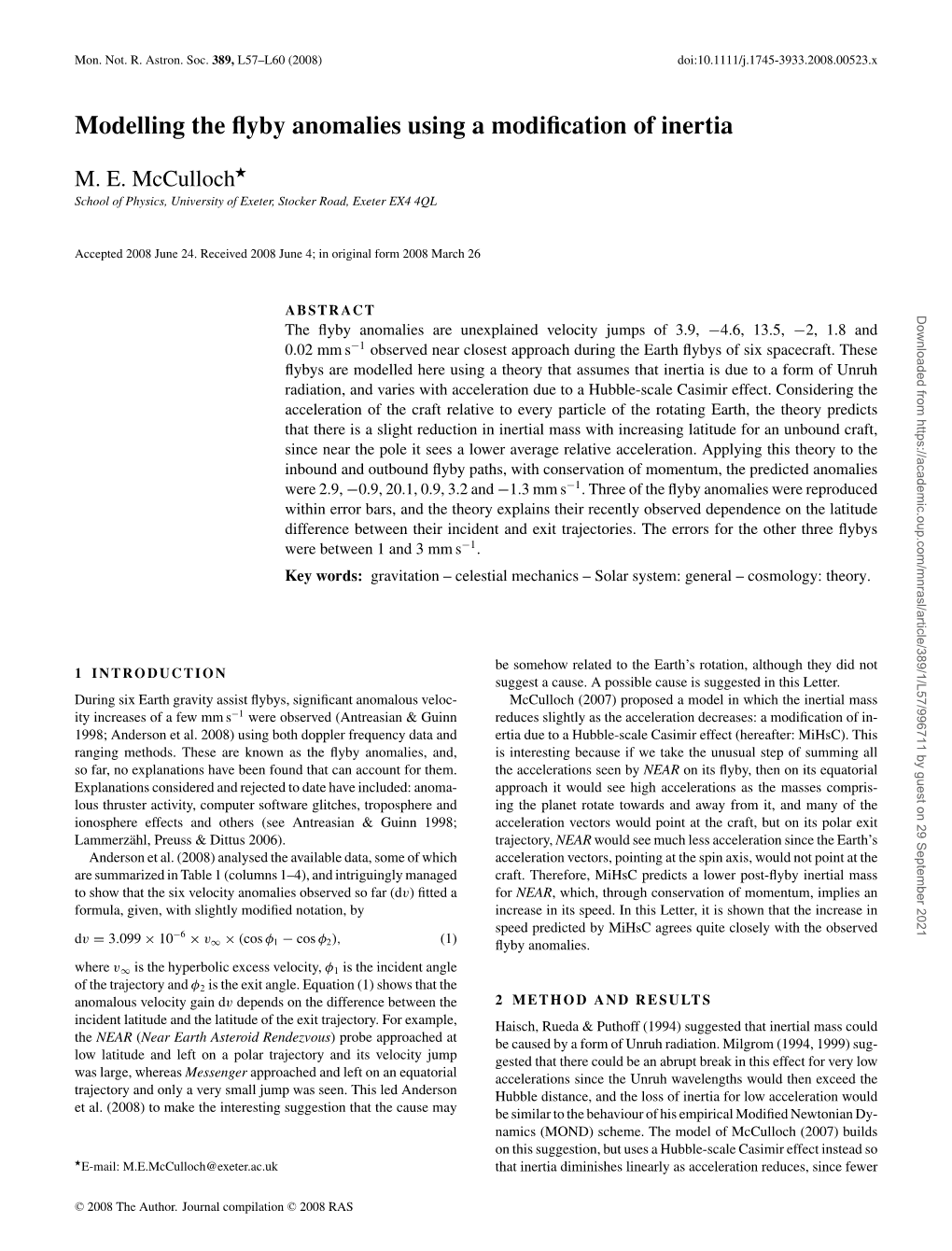 Modelling the Flyby Anomalies Using a Modification of Inertia