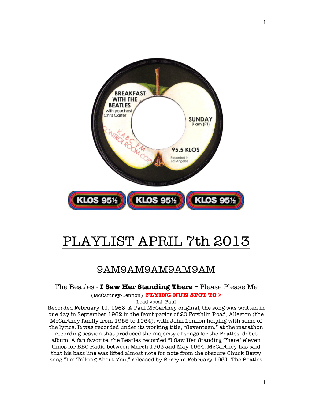 PLAYLIST APRIL 7Th 2013