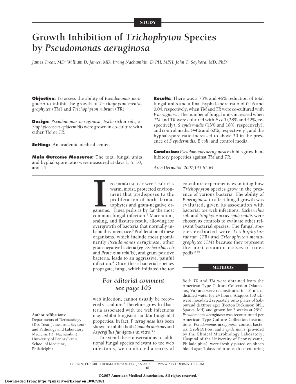 Growth Inhibition of Trichophyton Species by Pseudomonas Aeruginosa