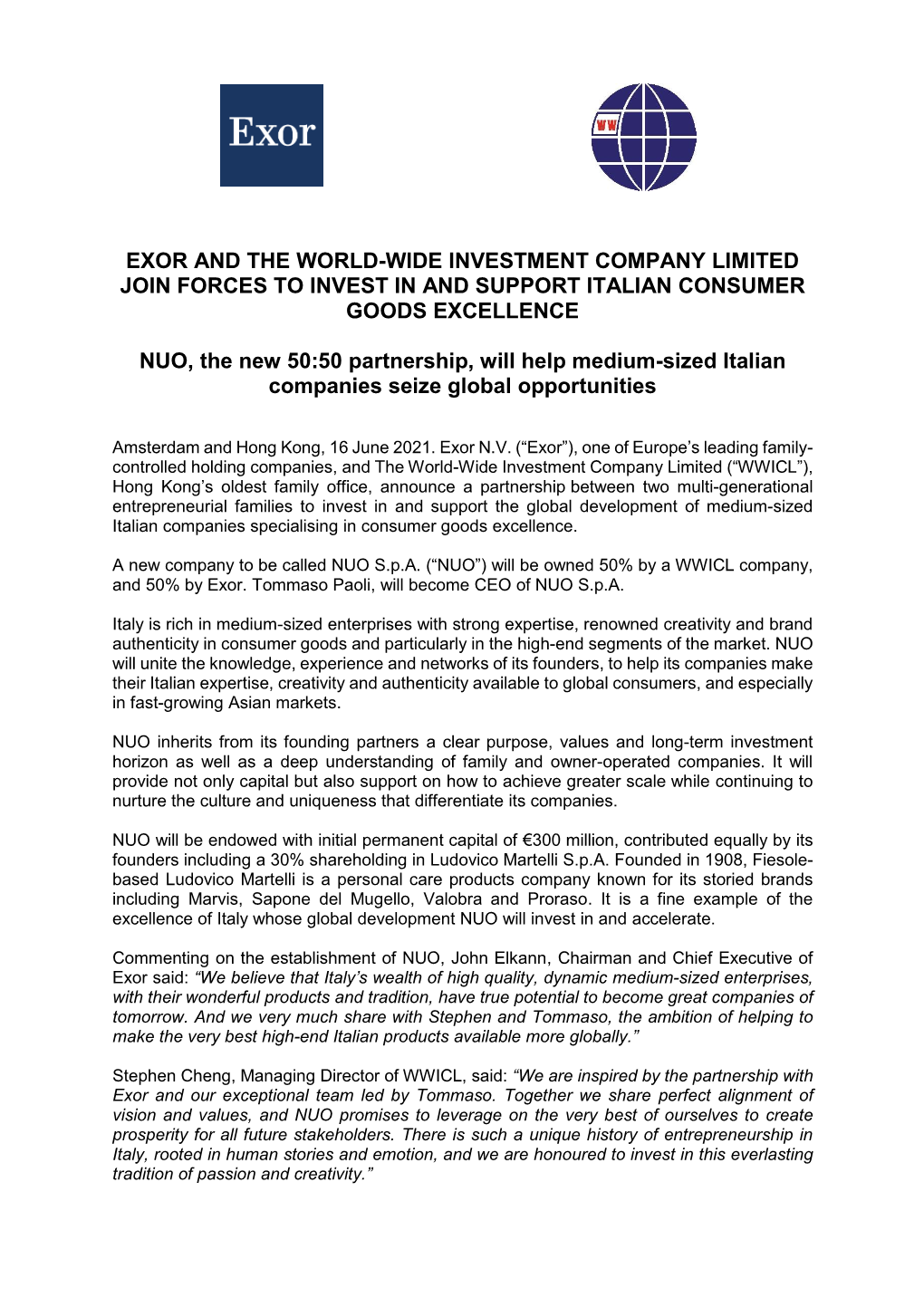 Exor and the World-Wide Investment Company Limited Join Forces to Invest in and Support Italian Consumer Goods Excellence