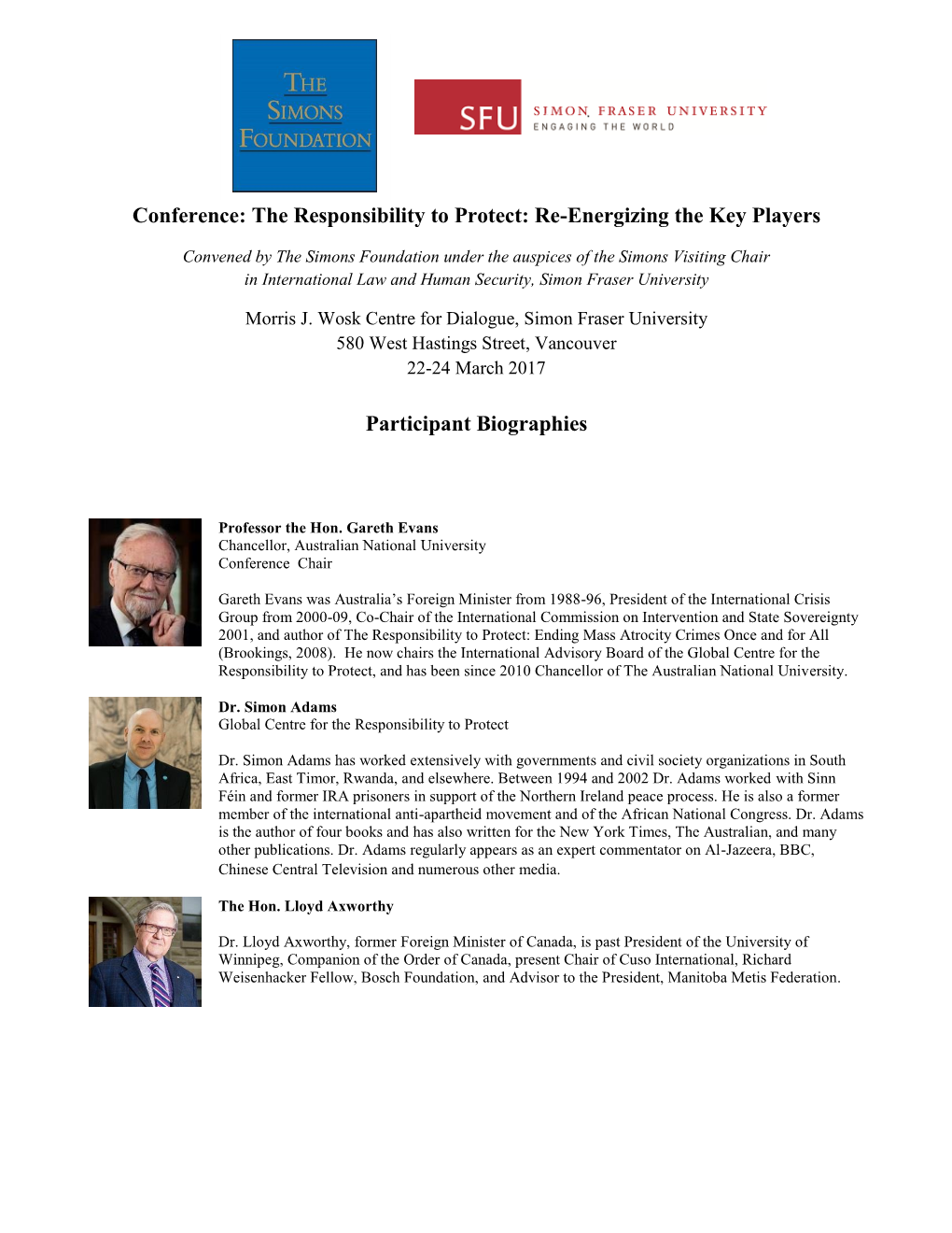 Conference: the Responsibility to Protect: Re-Energizing the Key Players Participant Biographies