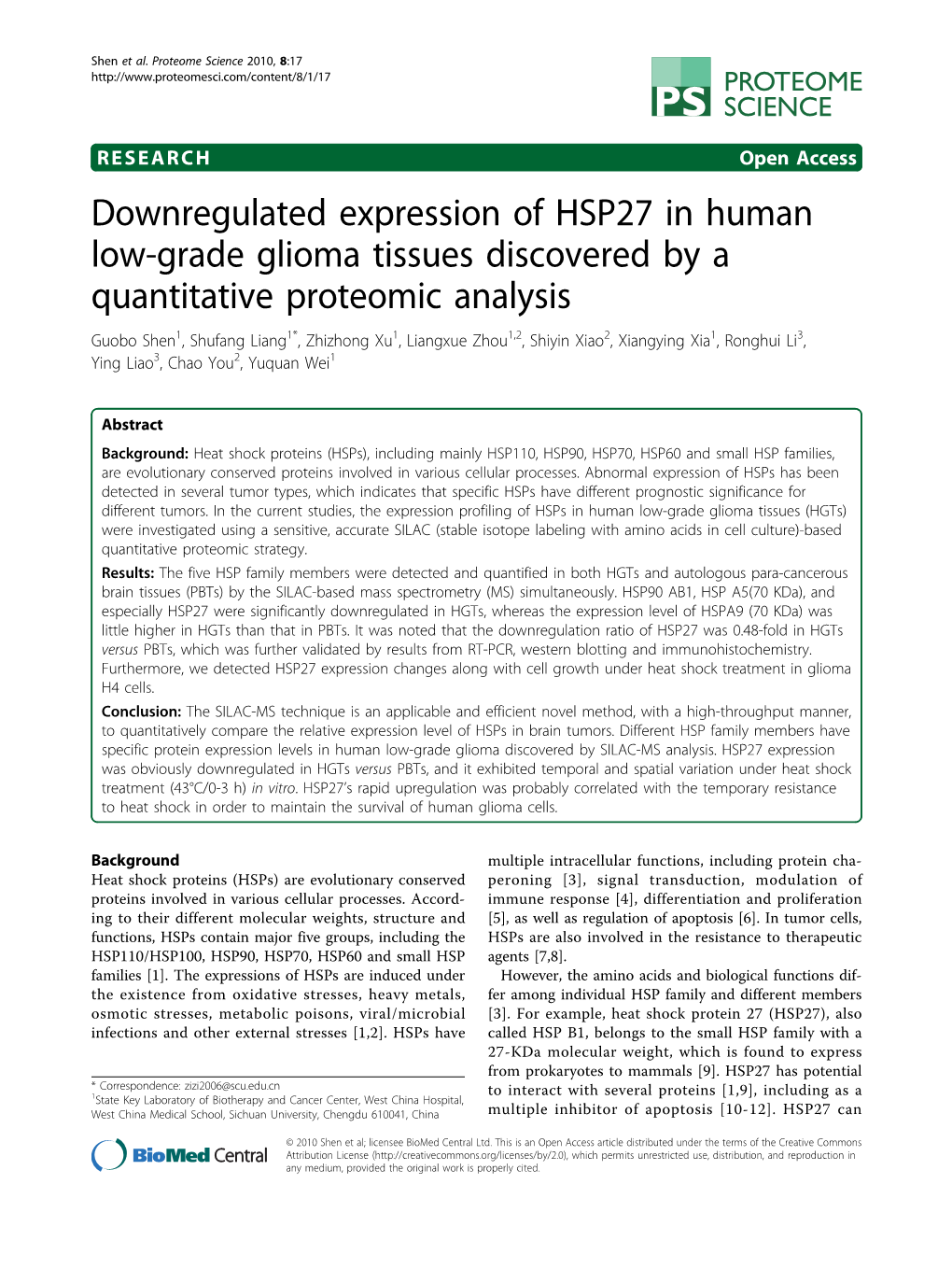 Downregulated Expression of HSP27 in Human Low-Grade Glioma Tissues Discovered by a Quantitative Proteomic Analysis