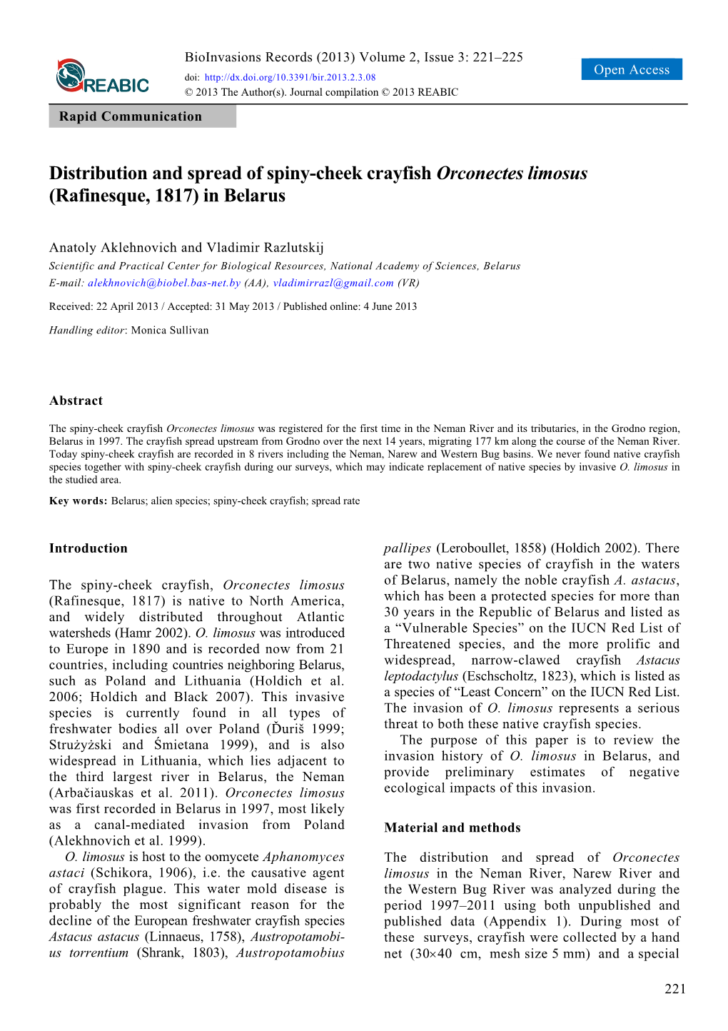 Distribution and Spread of Spiny-Cheek Crayfish Orconectes Limosus (Rafinesque, 1817) in Belarus