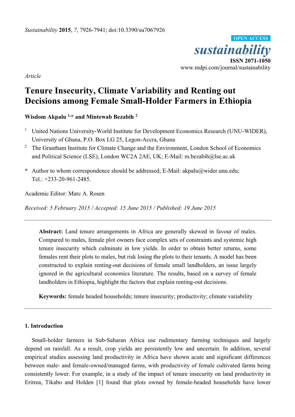 Tenure Insecurity, Climate Variability and Renting out Decisions Among Female Small-Holder Farmers in Ethiopia