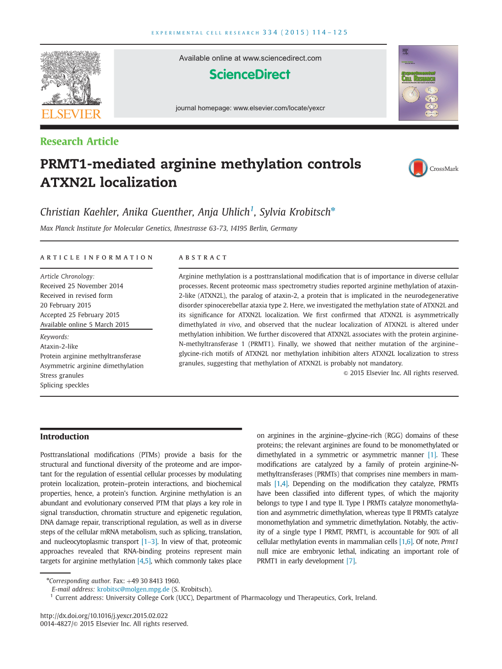 PRMT1-Mediated Arginine Methylation Controls ATXN2L Localization