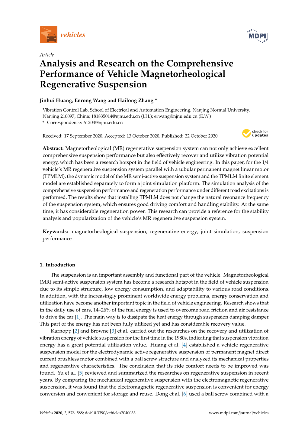 Analysis and Research on the Comprehensive Performance of Vehicle Magnetorheological Regenerative Suspension