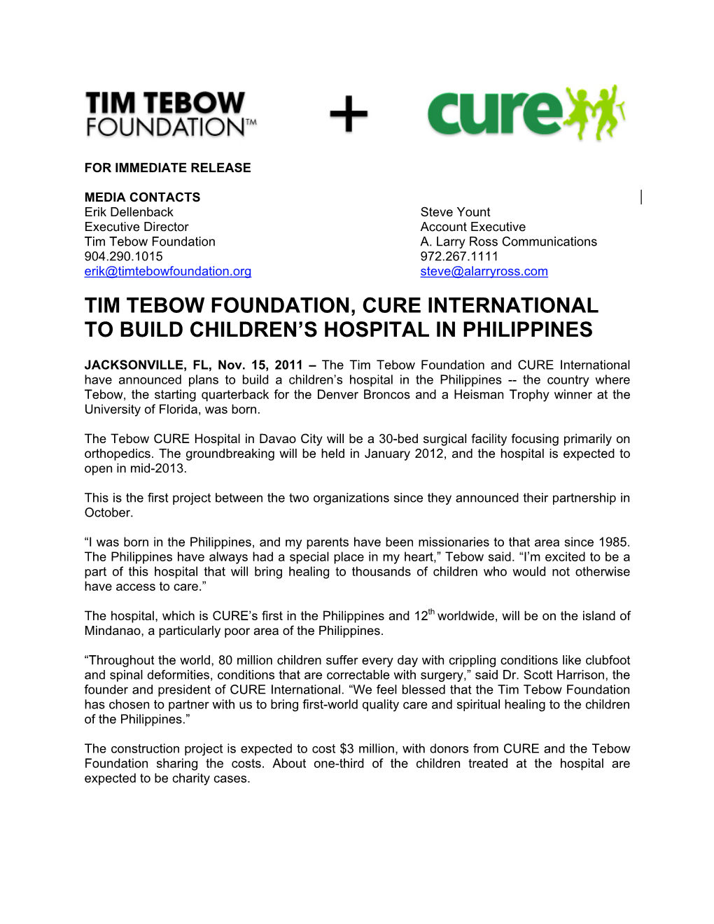 Tim Tebow Foundation, Cure International to Build Children's