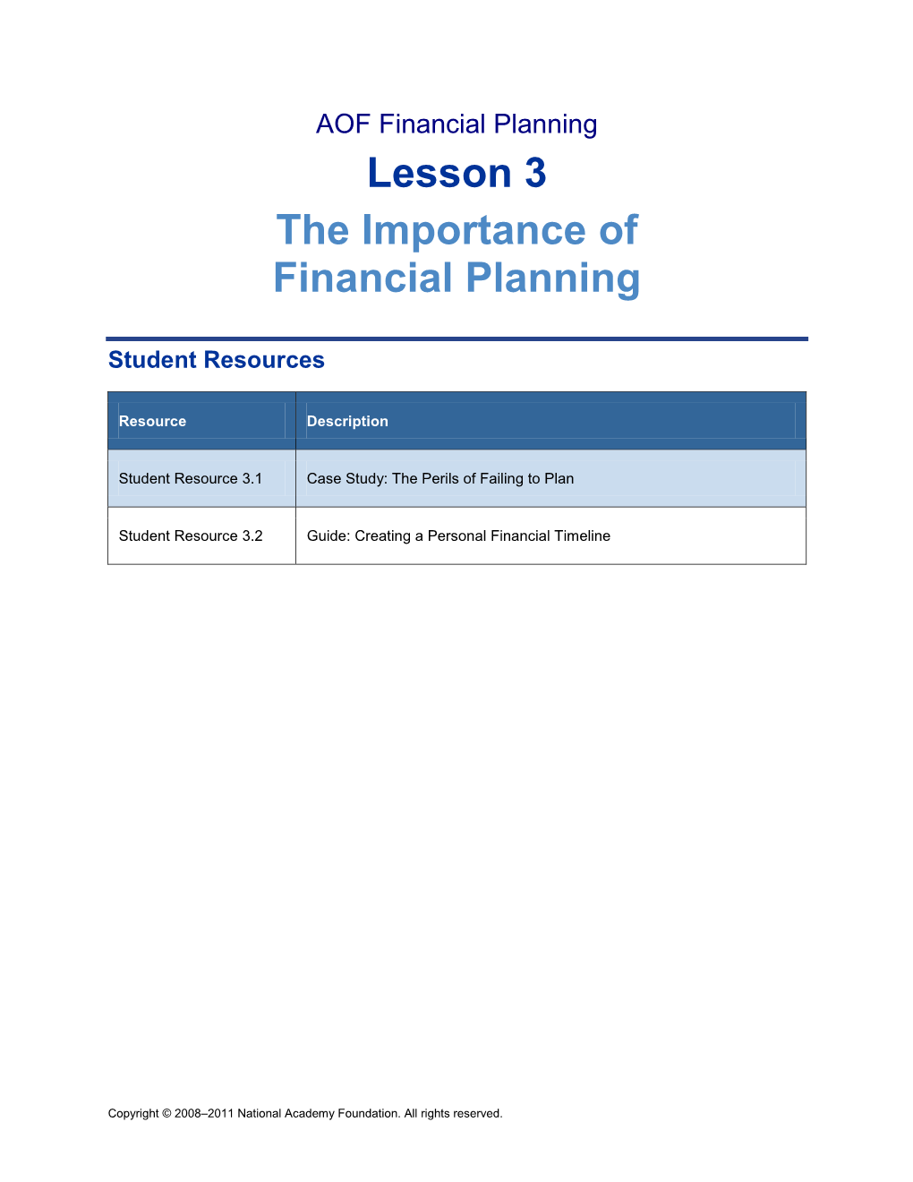 AOF Financial Planning Lesson 3 the Importance of Financial Planning