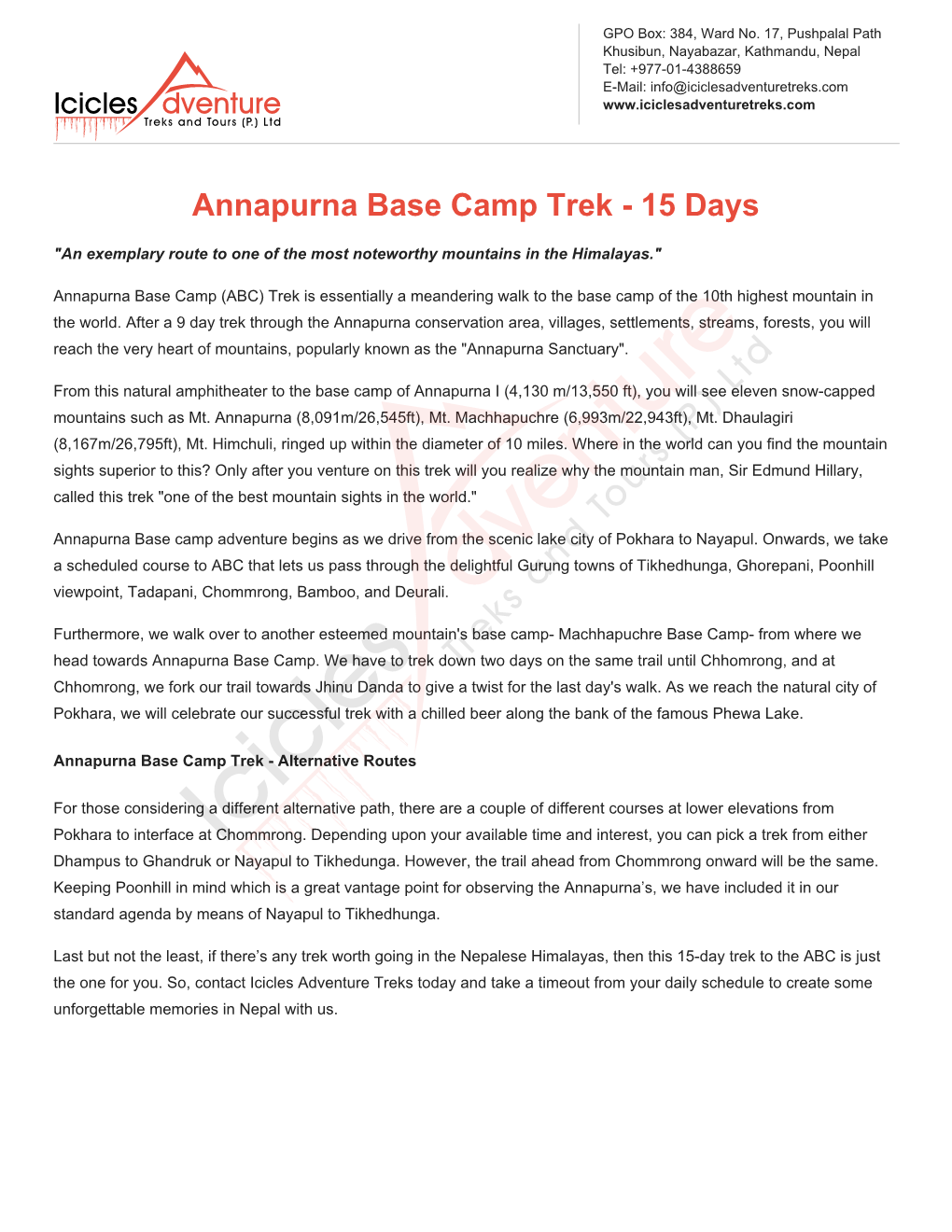 Annapurna Base Camp Trek - 15 Days