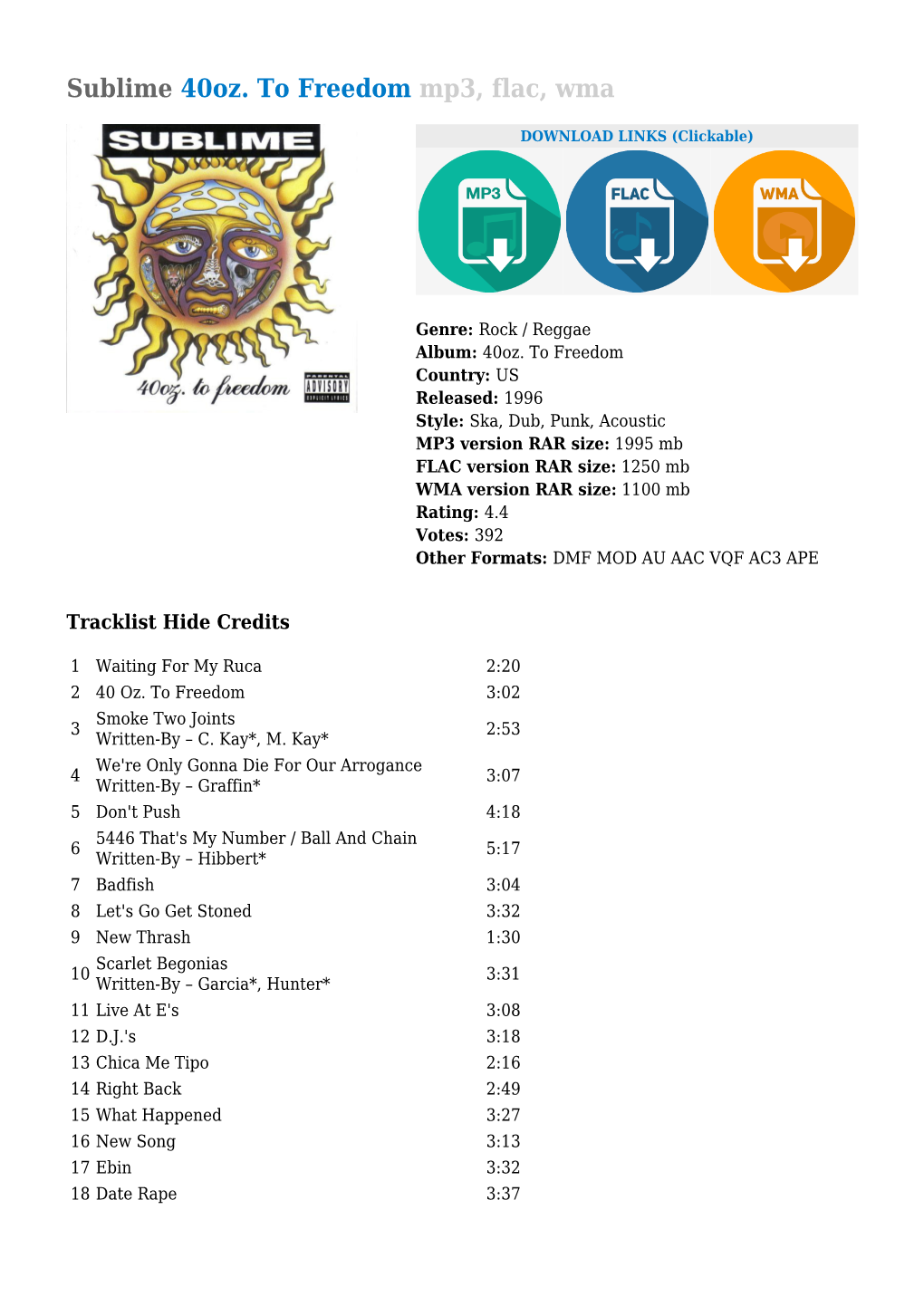 Sublime 40Oz. to Freedom Mp3, Flac, Wma