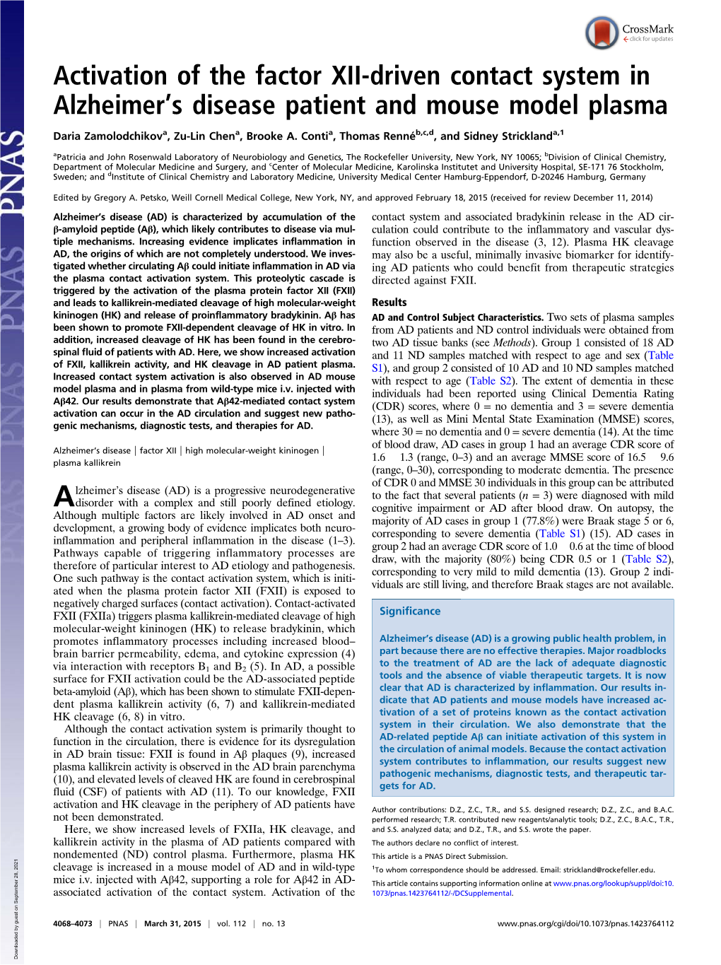 Activation of the Factor XII-Driven Contact System in Alzheimerts