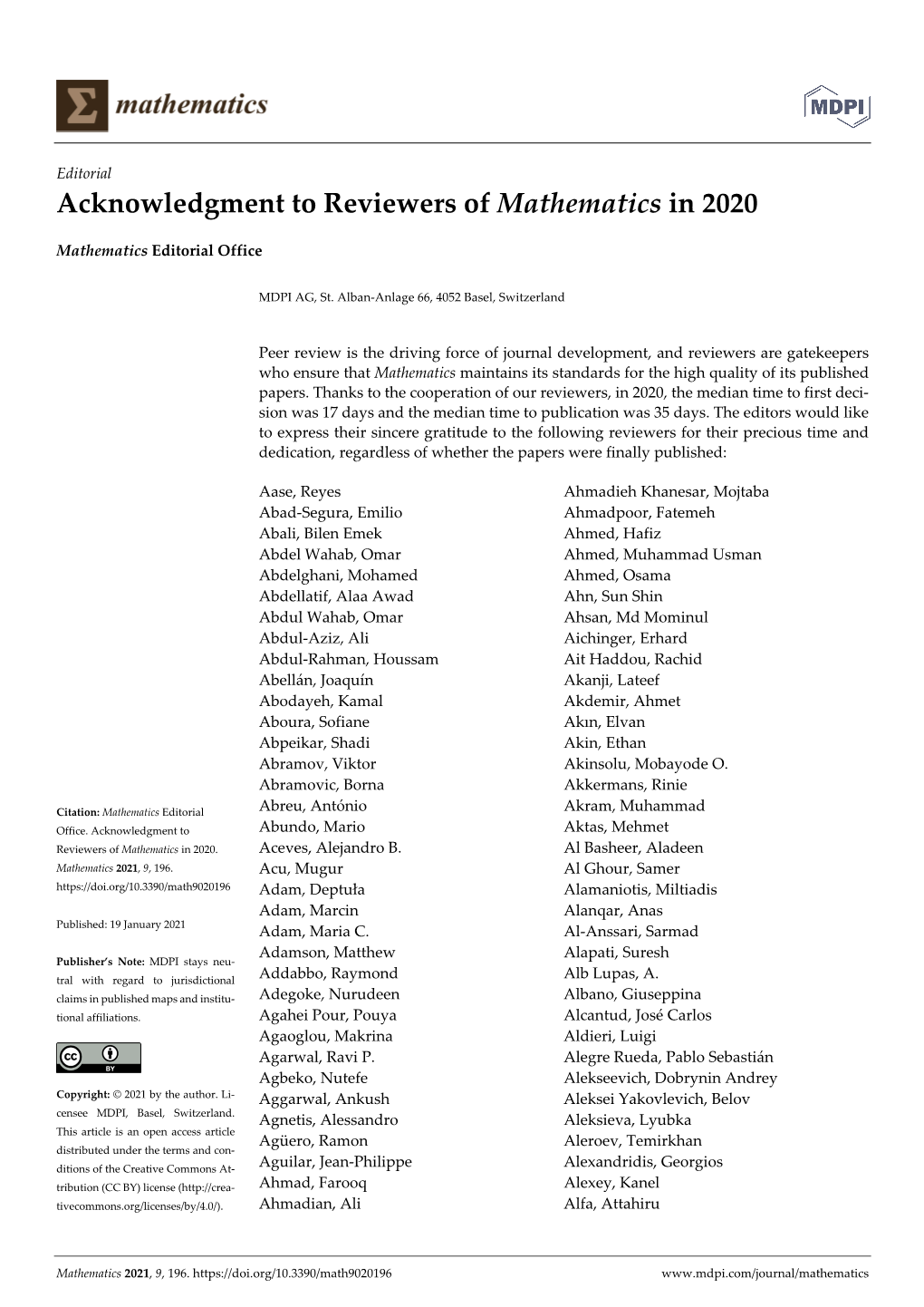 Acknowledgment to Reviewers of Mathematics in 2020