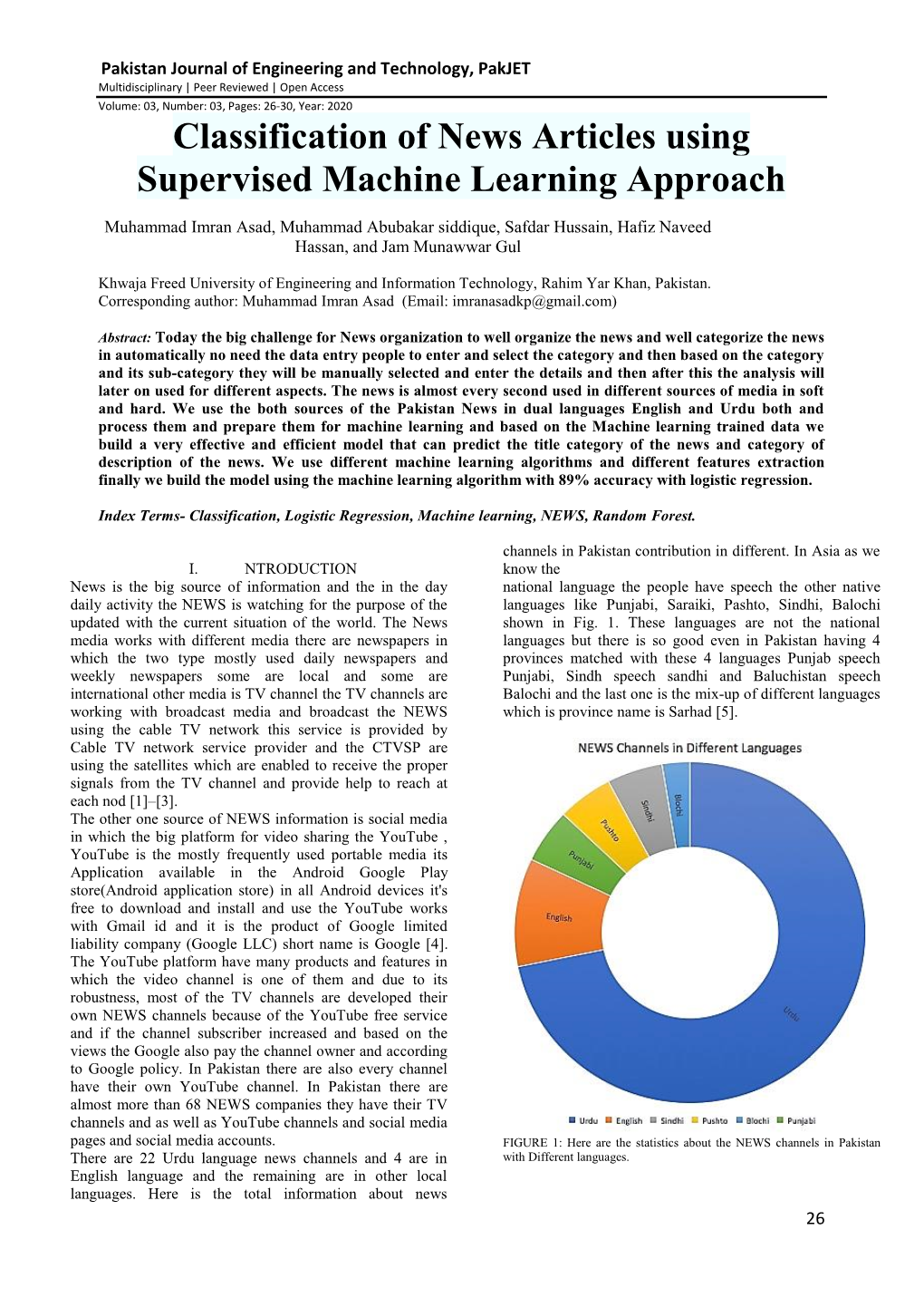 Classification of News Articles Using Supervised Machine Learning Approach