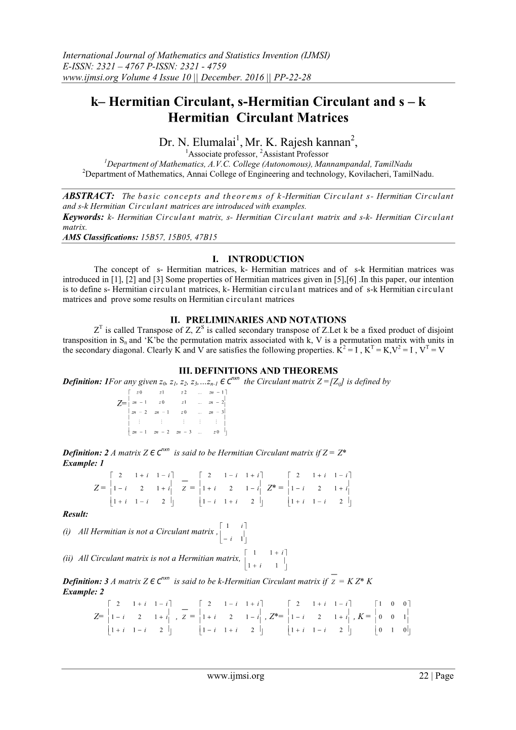 K Hermitian Circulant Matrices
