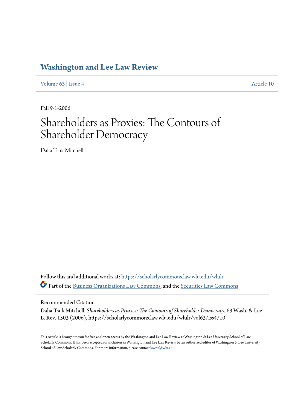 Shareholders As Proxies: the Onc Tours of Shareholder Democracy Dalia Tsuk Mitchell