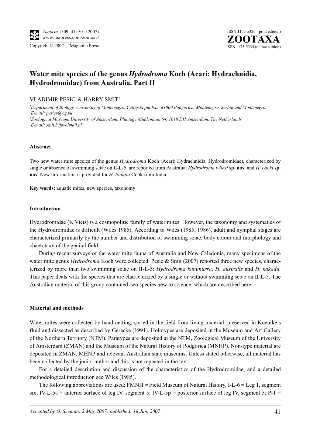 Zootaxa,Water Mite Species of the Genus Hydrodroma Koch (Acari