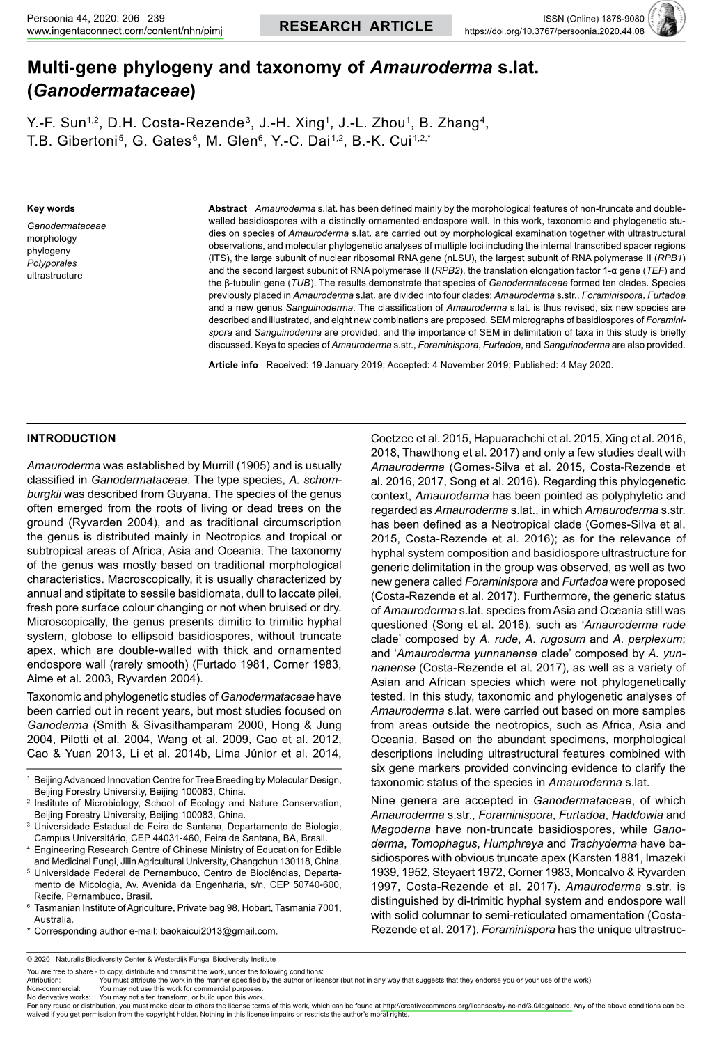 Multi-Gene Phylogeny and Taxonomy of <I>Amauroderma</I> S. Lat. (<I