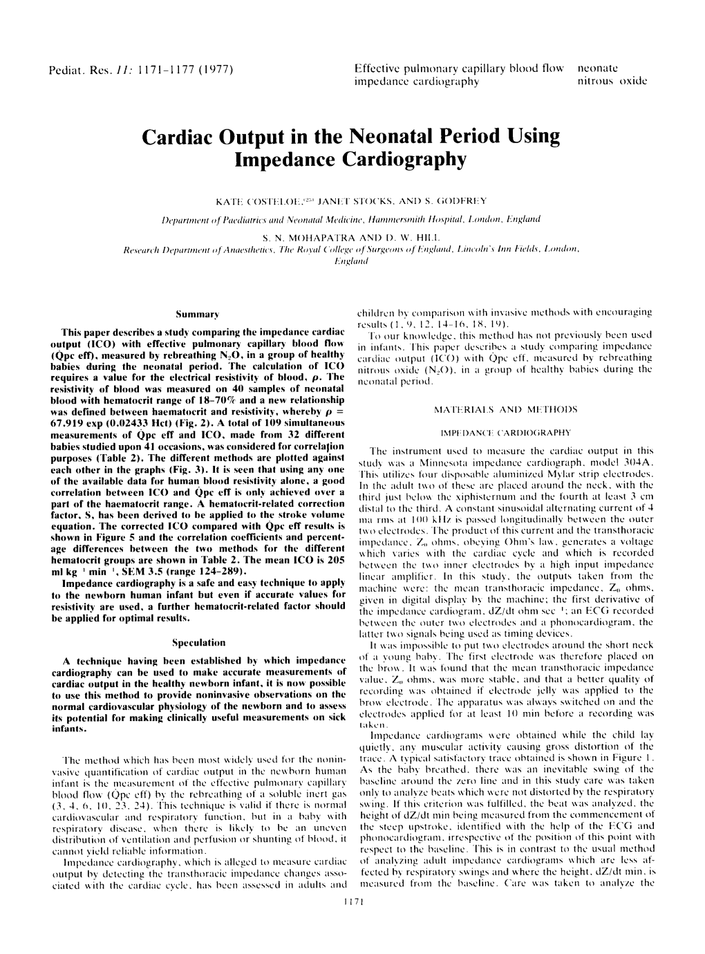 Cardiac Output in the Neonatal Period Using Impedance Cardiography
