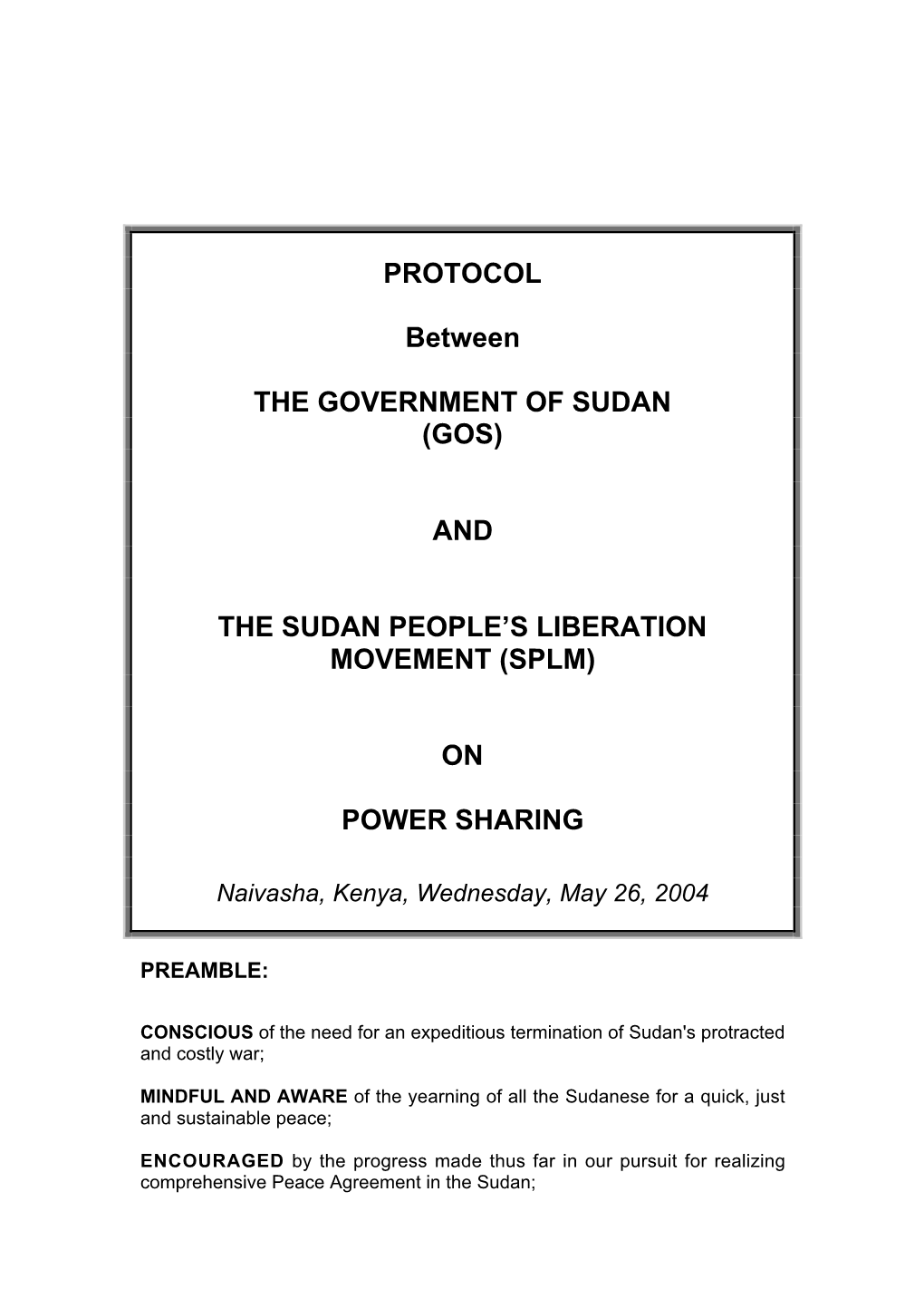 Protocol Between the Government of Sudan and the Sudan People's