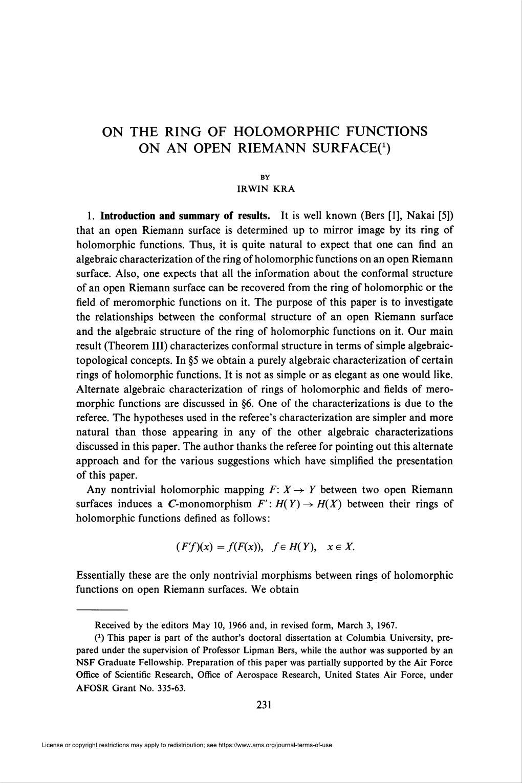 On the Ring of Holomorphic Functions on an Open Riemann Surfaceo