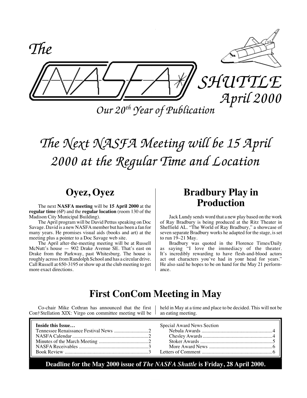 SHUTTLE April 2000 Our 20Th Year of Publication