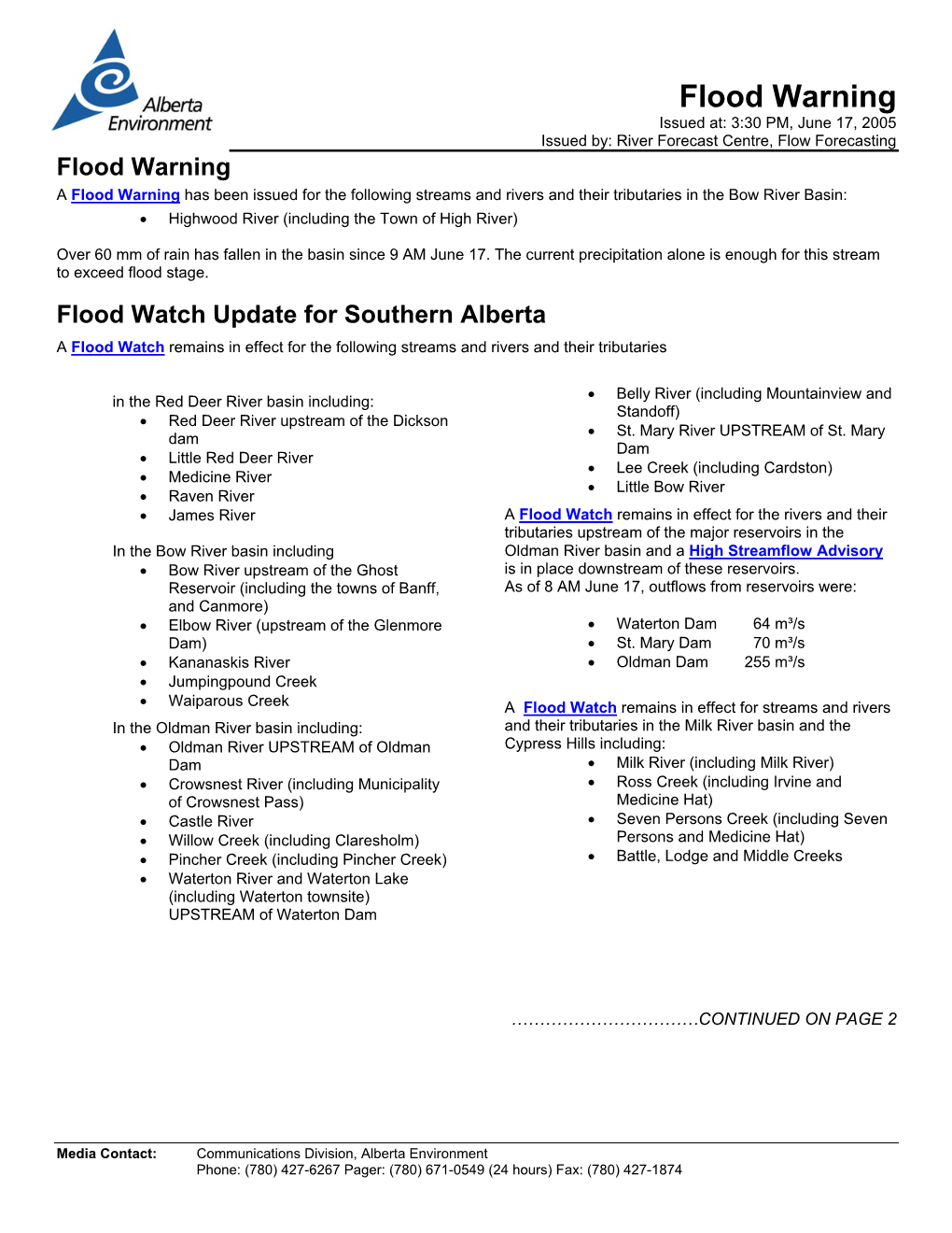 Flood Warning Issued At: 3:30 PM, June 17, 2005