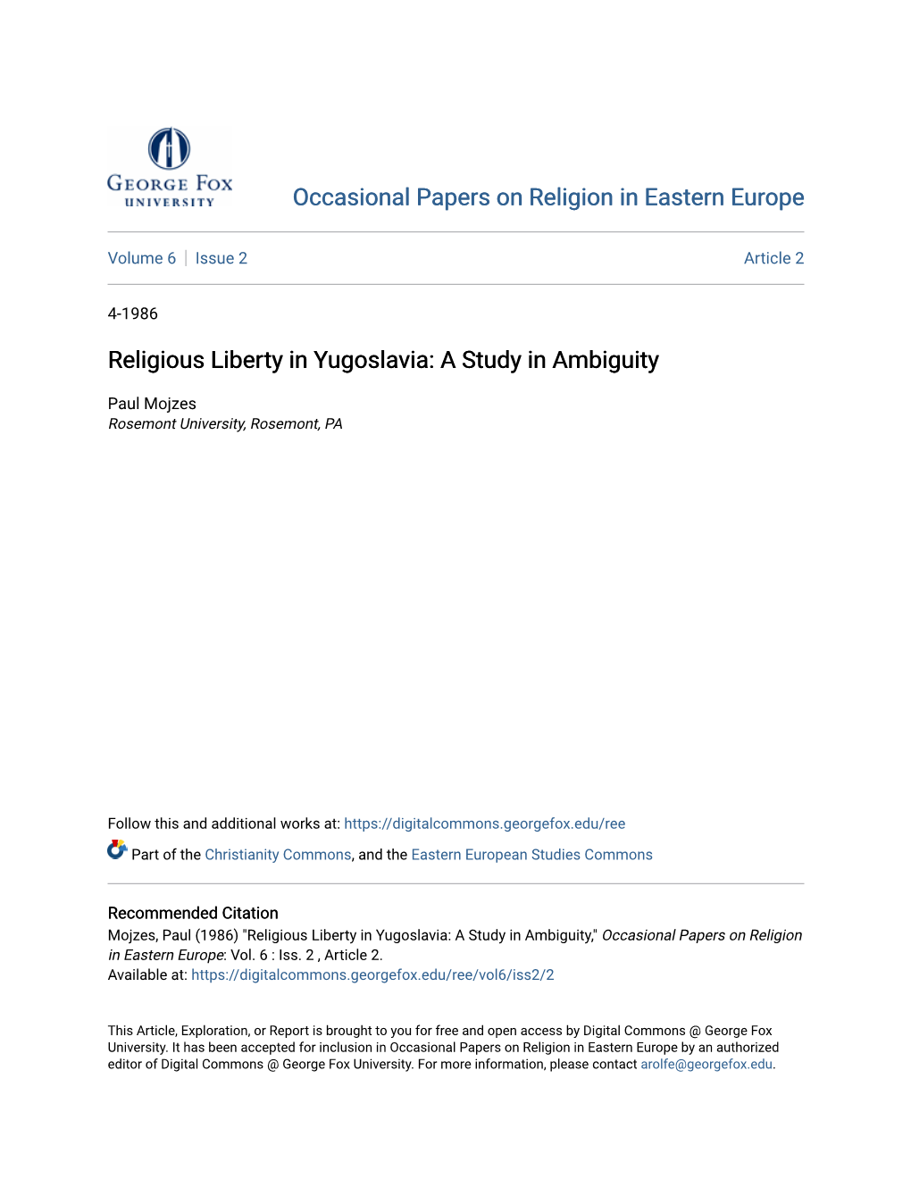 Religious Liberty in Yugoslavia: a Study in Ambiguity