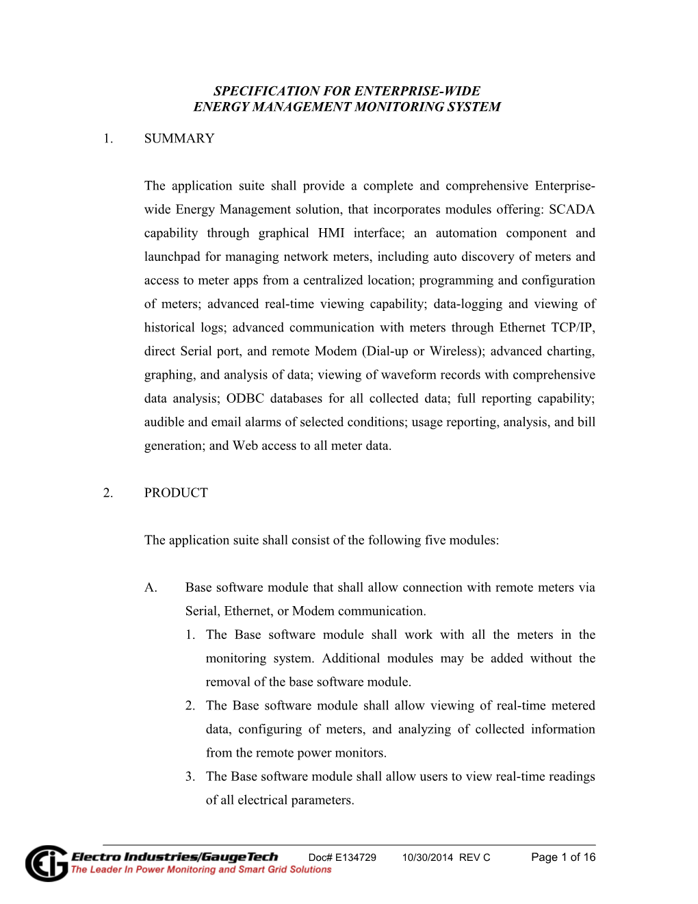 Specification For Metering Control System, Incoporating Scada Capabilities, Realtime Polling, Data Logging, And