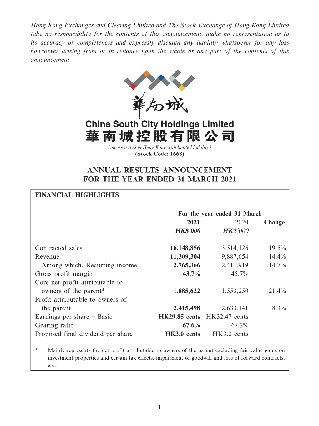 Annual Results Announcement for the Year Ended 31 March 2021