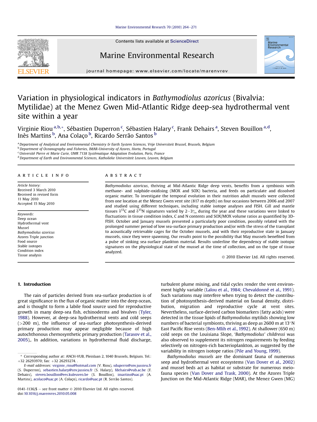 Variation in Physiological Indicators in Bathymodiolus Azoricus