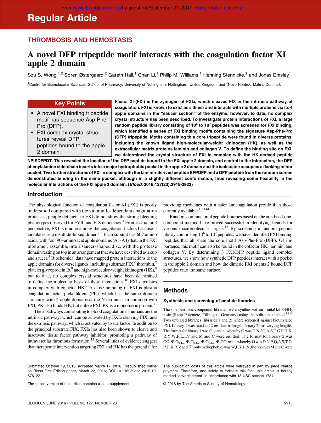 A Novel DFP Tripeptide Motif Interacts with the Coagulation Factor XI Apple 2 Domain