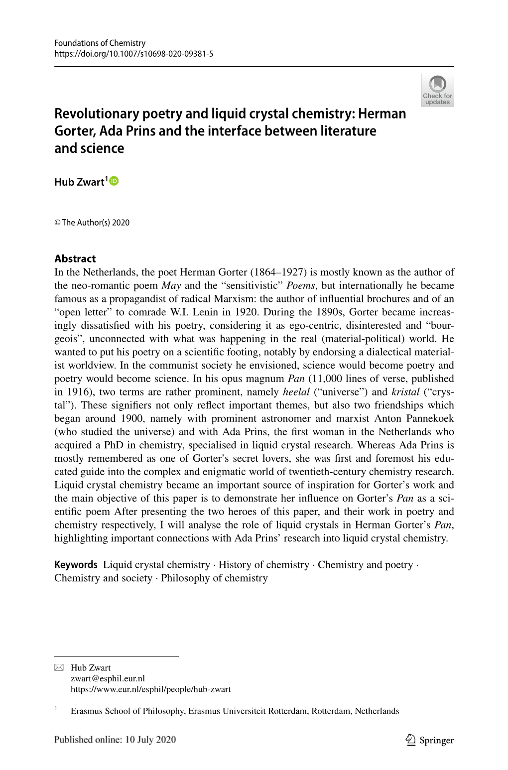 Revolutionary Poetry and Liquid Crystal Chemistry: Herman Gorter, Ada Prins and the Interface Between Literature and Science