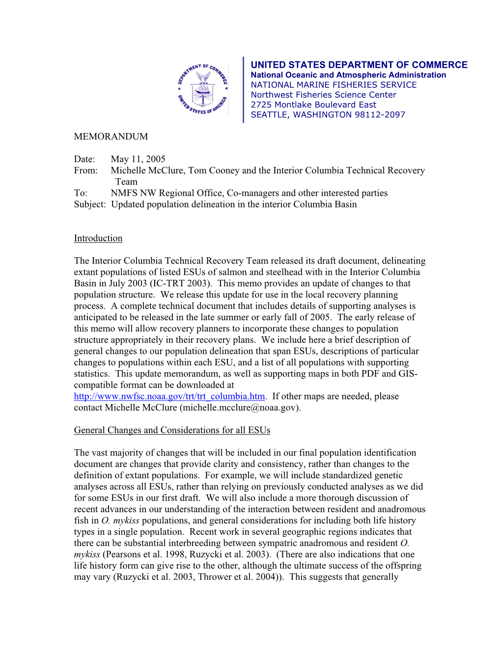 ICTRT 2005 – Updated Population Delineation