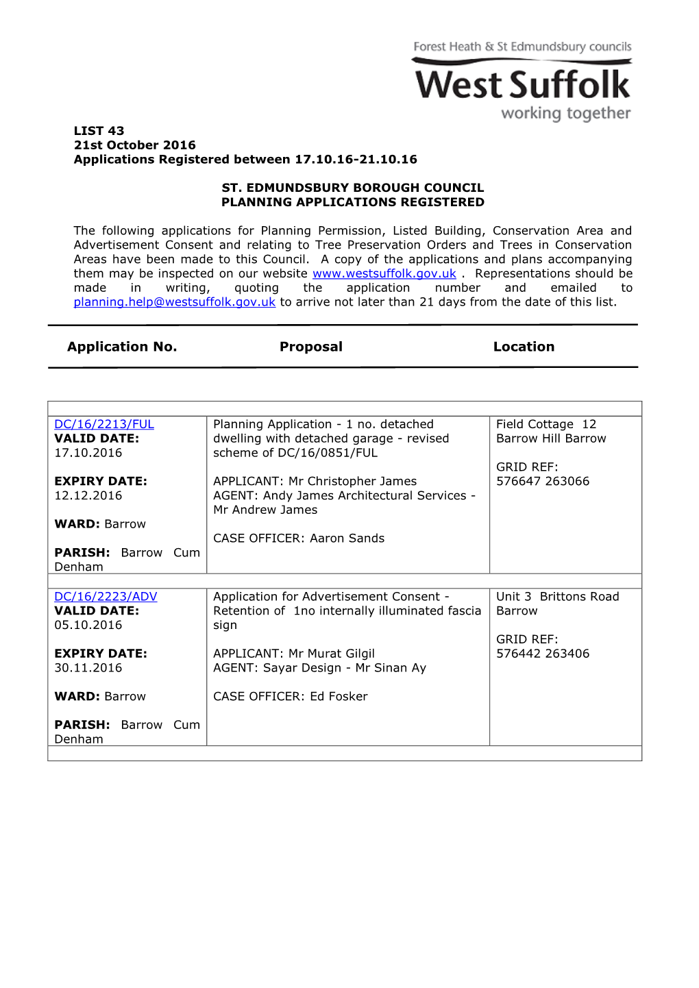 SEBC Planning Applications 43/16