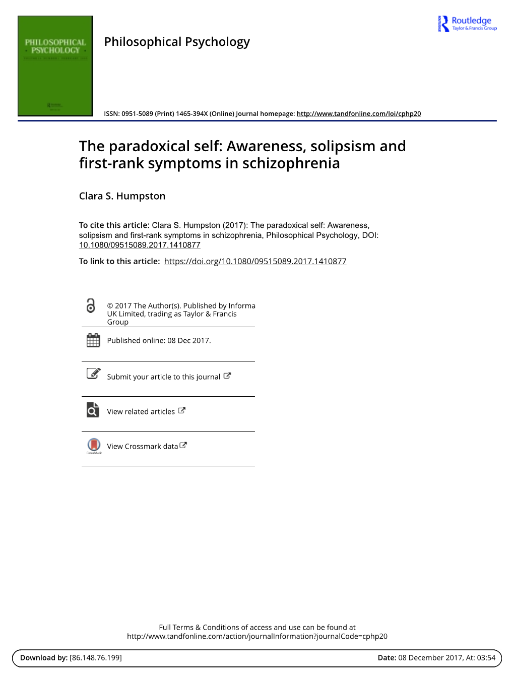 Awareness, Solipsism and First-Rank Symptoms in Schizophrenia