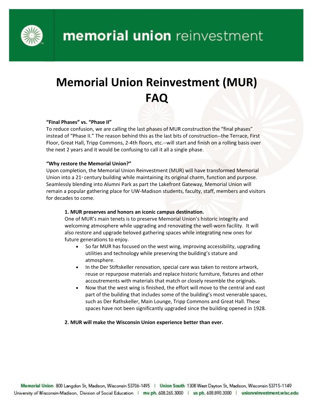 Memorial Union Reinvestment (MUR) FAQ