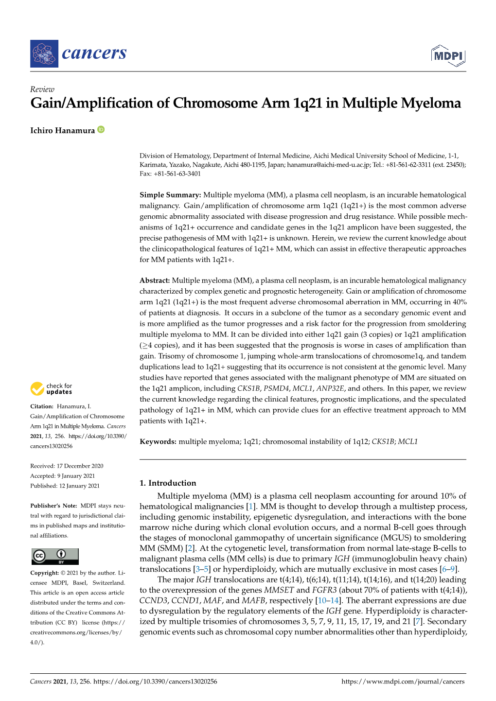 Gain/Amplification of Chromosome Arm 1Q21 in Multiple Myeloma