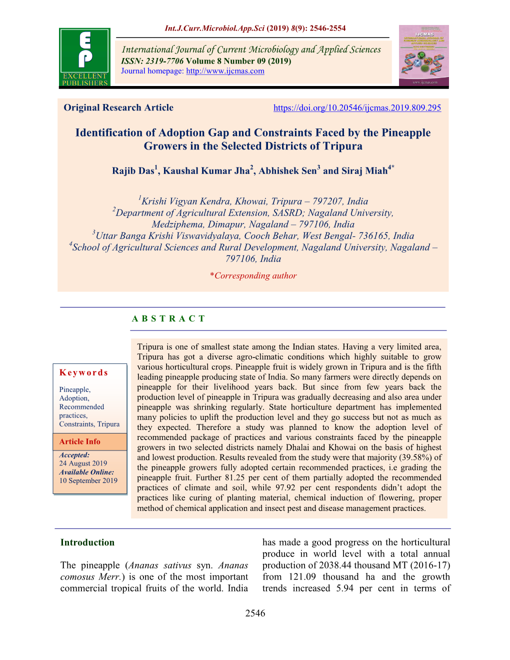 Identification of Adoption Gap and Constraints Faced by the Pineapple Growers in the Selected Districts of Tripura