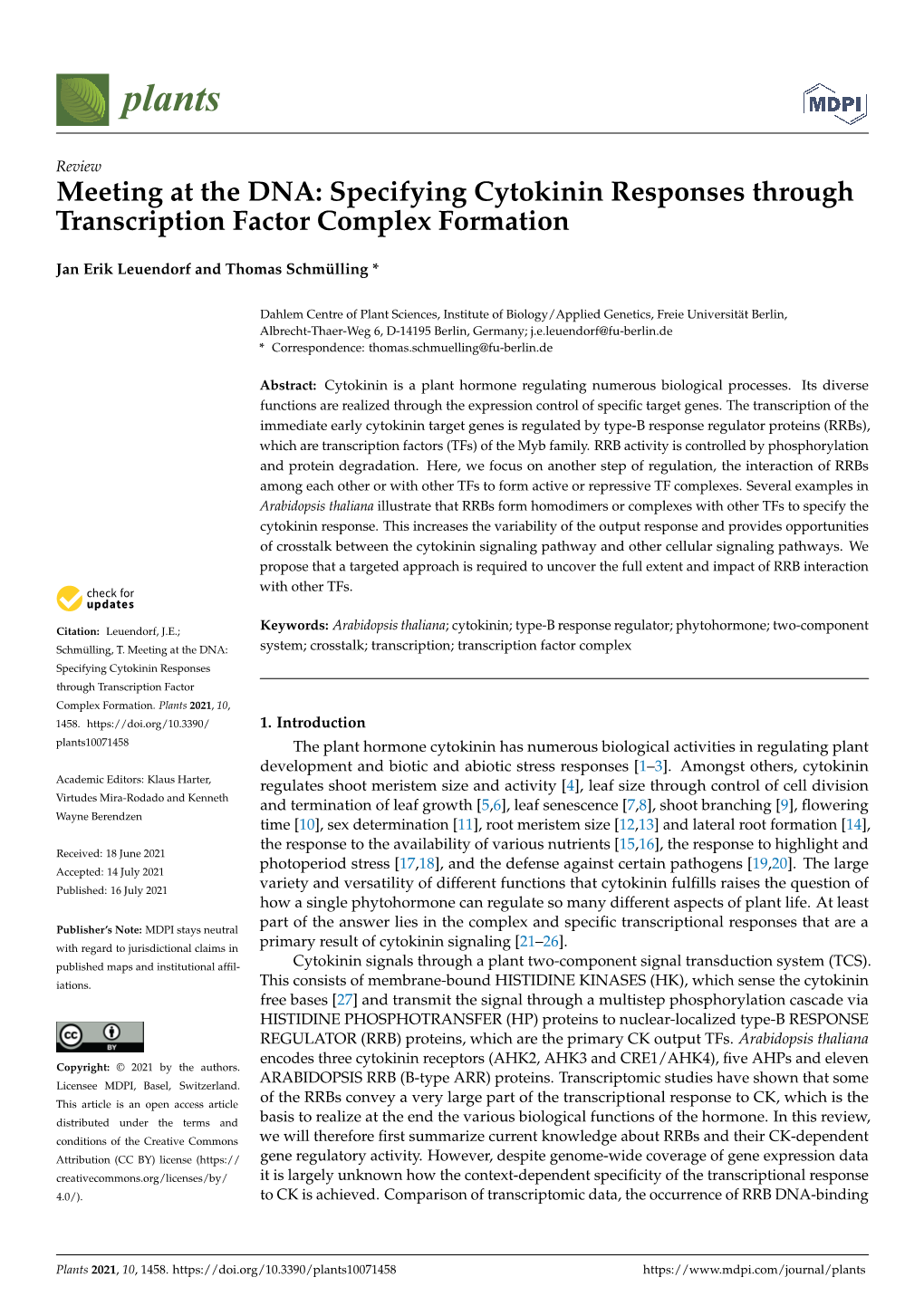 Meeting at the DNA: Specifying Cytokinin Responses Through Transcription Factor Complex Formation