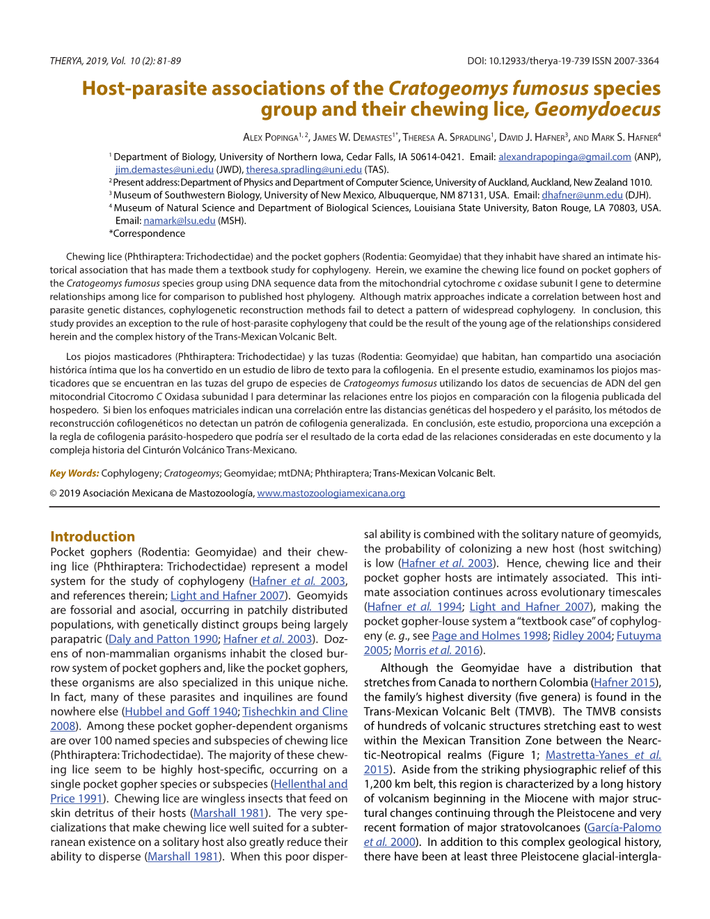 Host-Parasite Associations of the Cratogeomys Fumosus Species Group and Their Chewing Lice, Geomydoecus