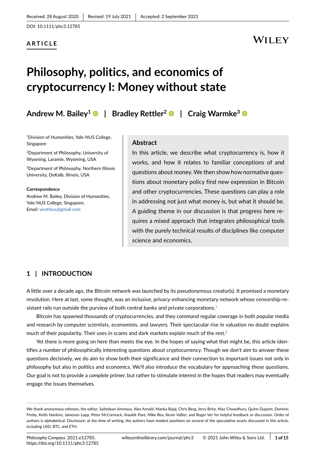 Philosophy, Politics, and Economics of Cryptocurrency I: Money Without State