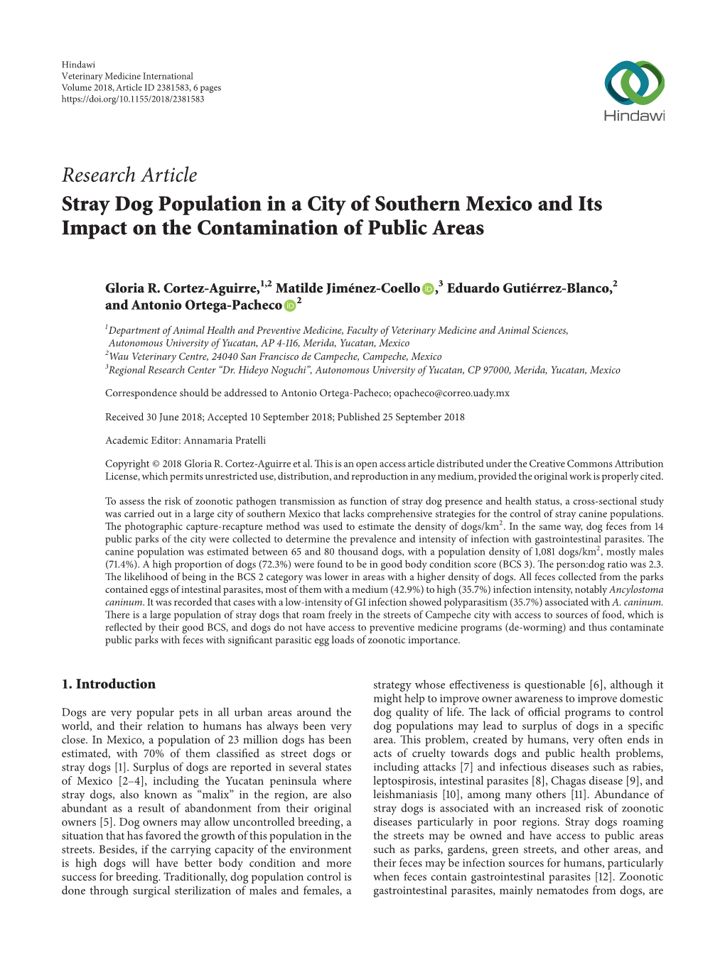 Stray Dog Population in a City of Southern Mexico and Its Impact on the Contamination of Public Areas