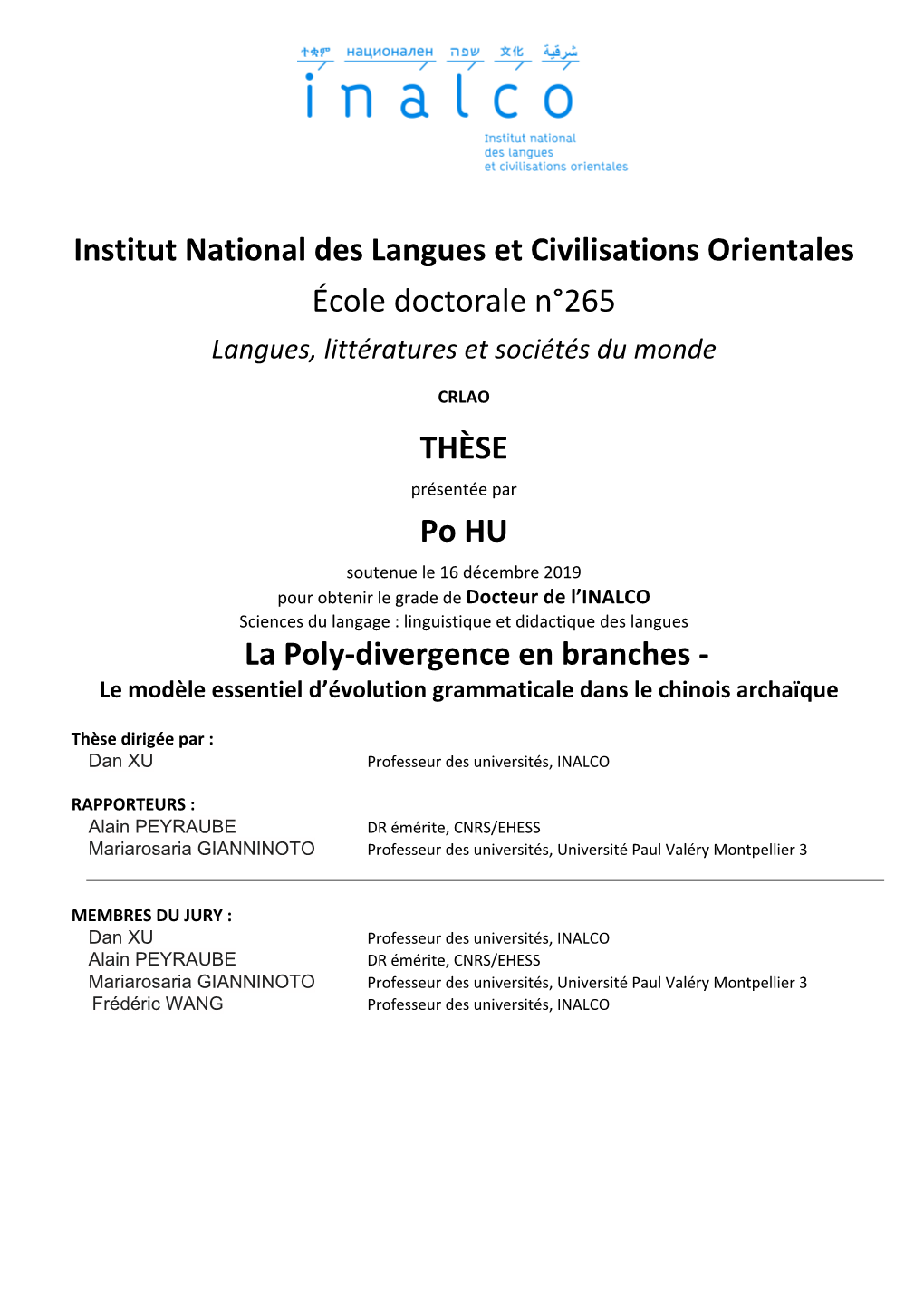 Institut National Des Langues Et Civilisations Orientales École Doctorale N°265 Langues, Littératures Et Sociétés Du Monde