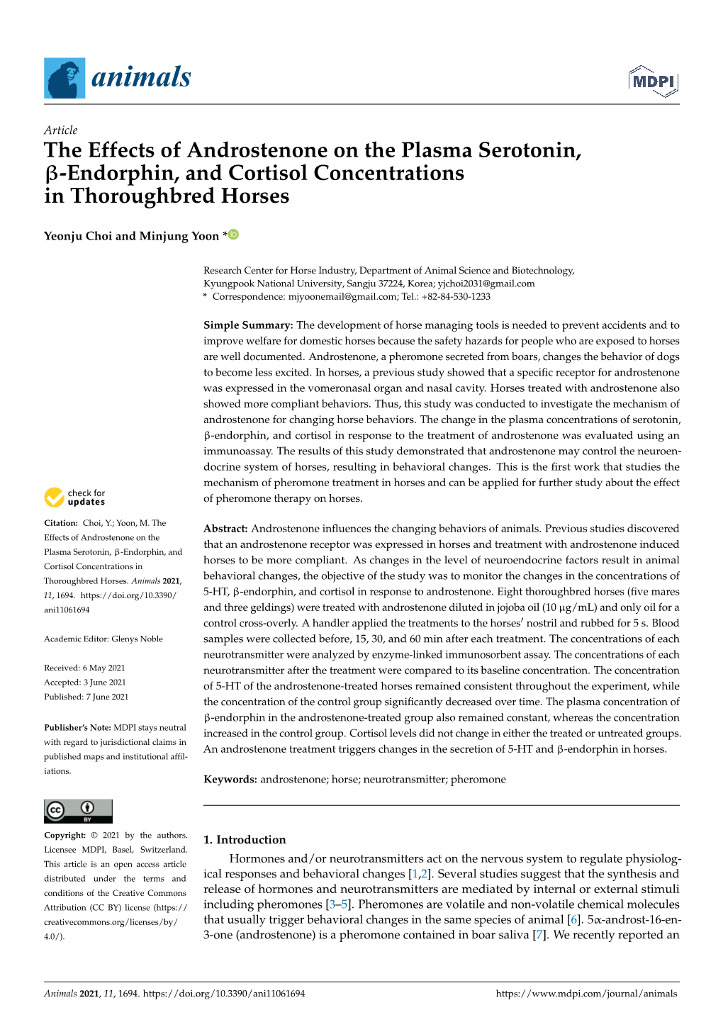 The Effects of Androstenone on the Plasma Serotonin, -Endorphin, and Cortisol Concentrations in Thoroughbred Horses