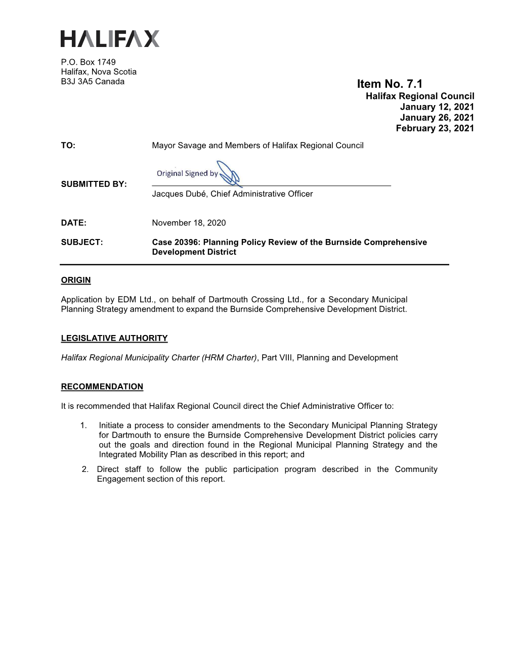 Case 20396 – Planning Policy Review of the Burnside Comprehensive Development District