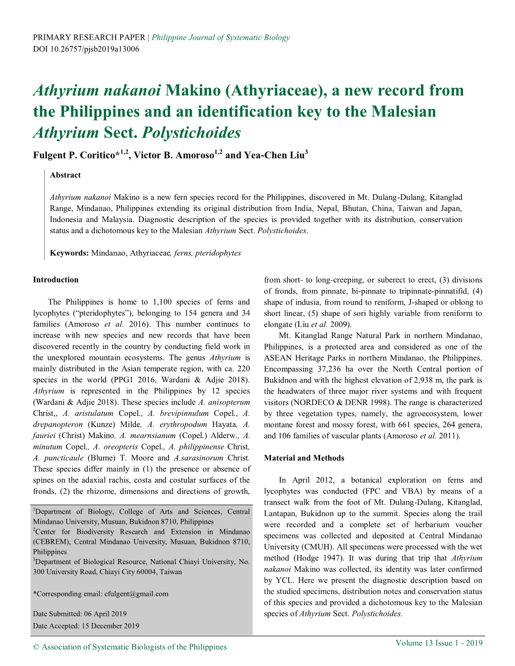 Athyrium Nakanoi Makino (Athyriaceae), a New Record from the Philippines and an Identification Key to the Malesian Athyrium Sect