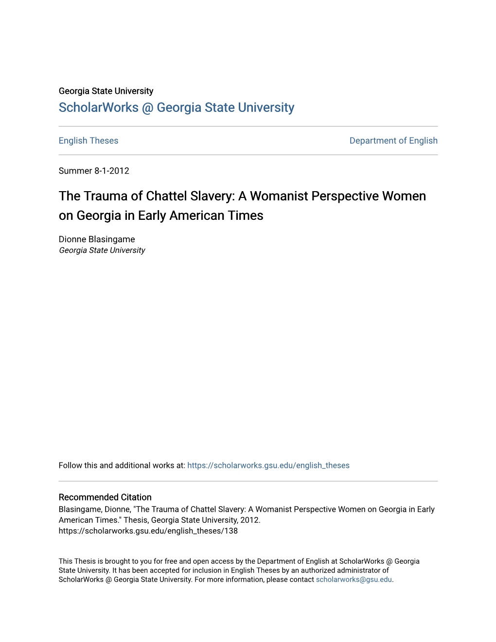 The Trauma of Chattel Slavery: a Womanist Perspective Women on Georgia in Early American Times