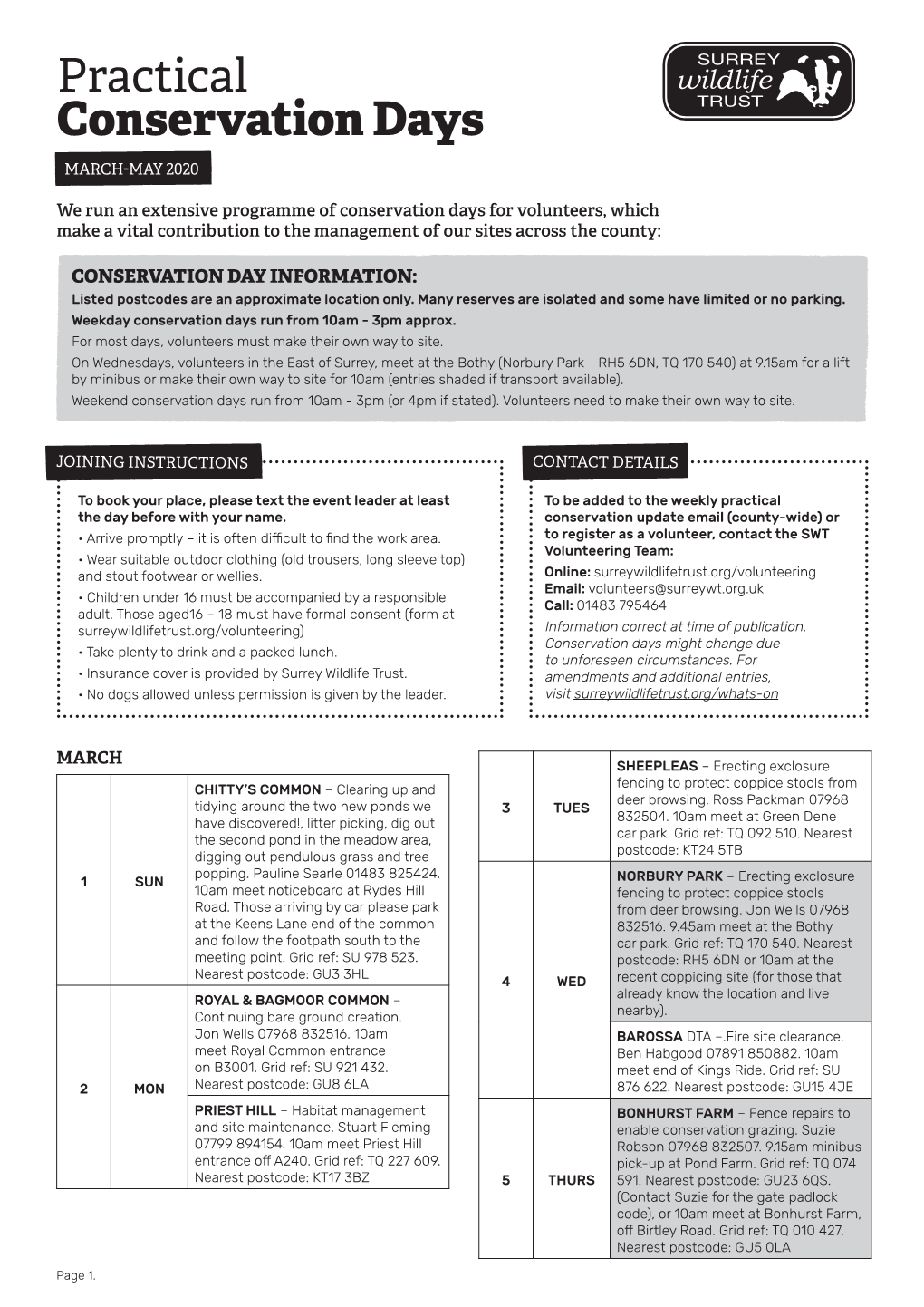 Practical Conservation Days MARCH-MAY 2020