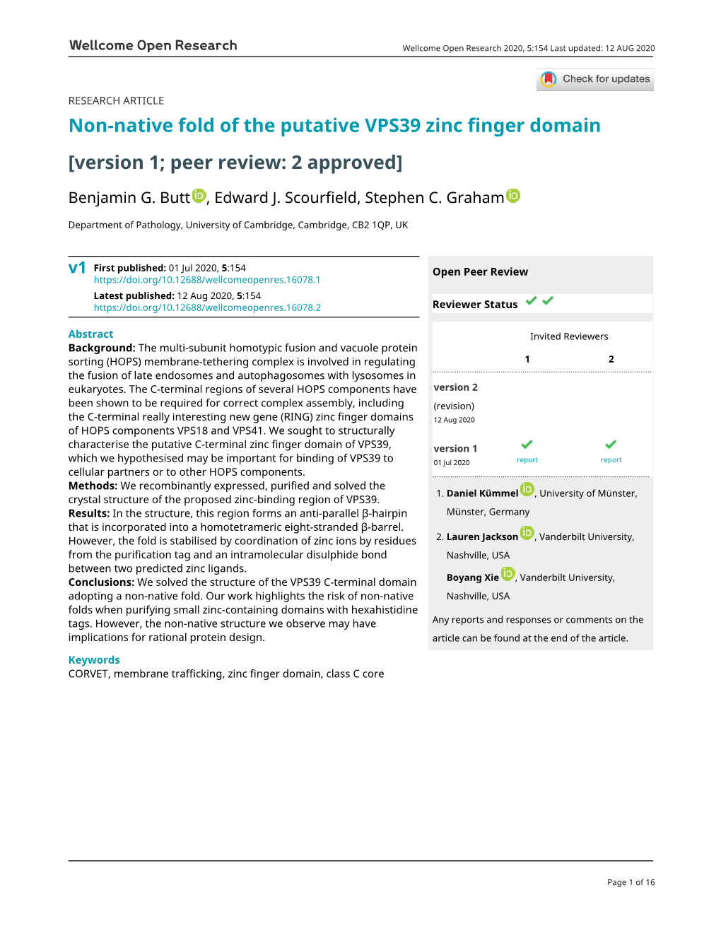 Non-Native Fold of the Putative VPS39 Zinc Finger Domain [Version 1; Peer Review: 2 Approved]