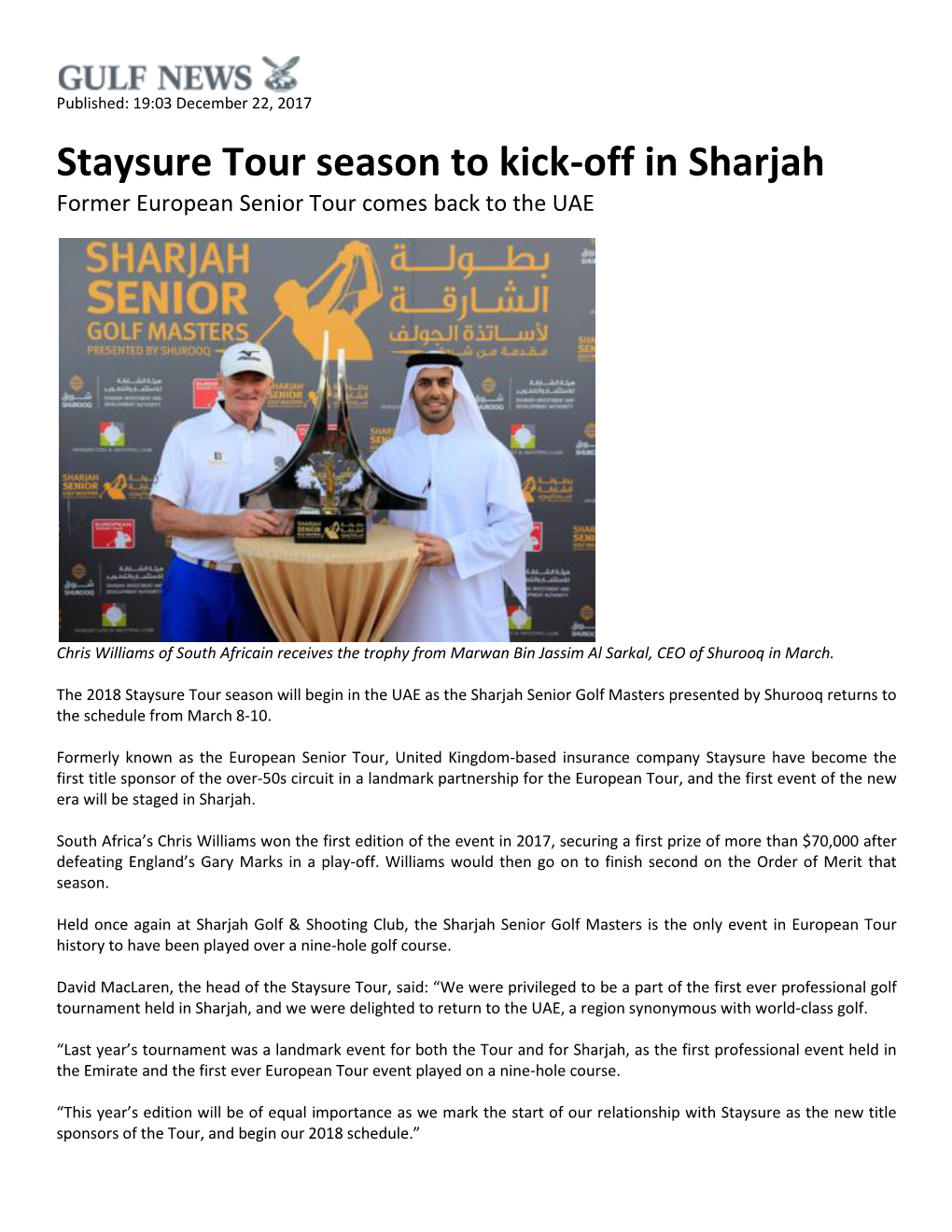 Staysure Tour Season to Kick-Off in Sharjah Former European Senior Tour Comes Back to the UAE